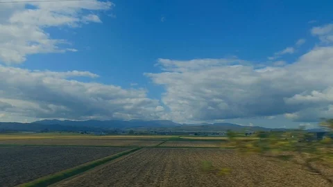Scenery of Japan Coutryside, View from the Train, Blue Sky with Cloud, Dolly 库存影片 99137576