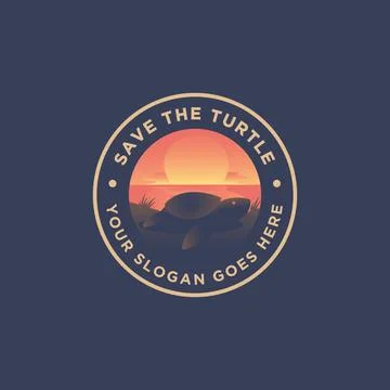 Scenery logo of turtle, sunset and sea landscape, circle modern badge label Stock Illustration