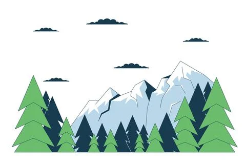 Scenery mountain range pine trees line cartoon flat illustration Illustrazione stock