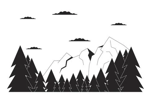 Scenery mountain range pine trees black and white cartoon flat illustration Illustrazione stock