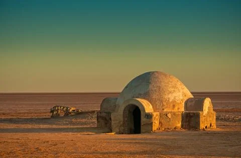 .scenery for the movie star wars. Lars Skywalker homestead exterior Stock Photos