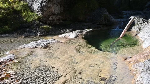 Scenery of a pond of a mountain stream next to rocks and greens 스톡 동영상 260861952