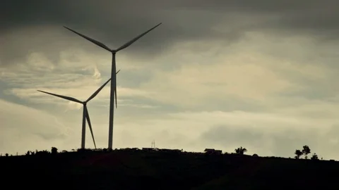 Scenery before the rainstorm will come of Wind turbines for electricity Stock Footage 94742741