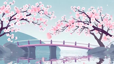 Scenery Spring River cartoon under a tree, with Sakura and flowers and a bridge Stock Footage 304717509