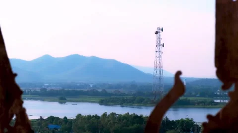 A scenery from temple to the river and mountain in Thailand Stock Footage 249818361