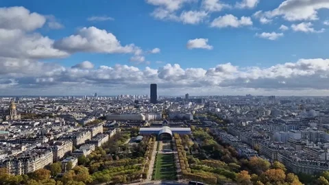 Scenery view from the Eiffel tower height to the Paris cityscape, France. Montpa Stock Footage 222554342
