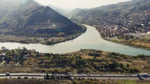 Scenery view of Mtskheta city and Kura river. Stock Footage 82639456