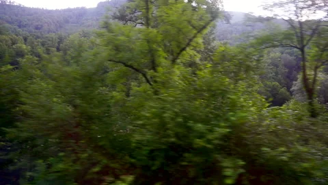 Scenery from the window of a moving train with green landscape Stock Footage 136581030