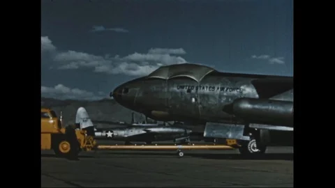 Scenes of Boeing B-50 Superfortress being prepared for atomic bomb test - 1953 Stock Footage