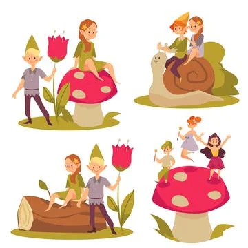 Scenes with fairy pixie boys and girls riding snail, cartoon flat vector Stock Illustration