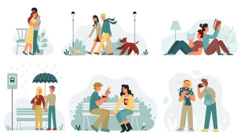 Scenes with lovers spend time together flat vector illustration. Men and women Illustration