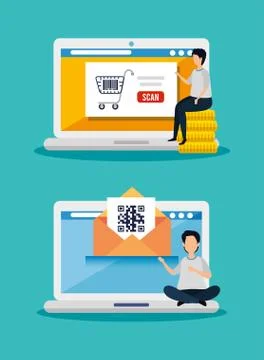 Scenes of men with code qr and icons Illustrazione stock