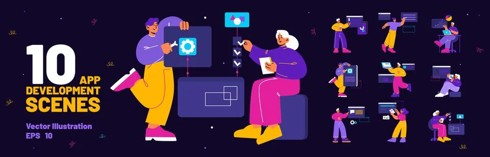 Scenes of mobile and web app development Stock-Illustration