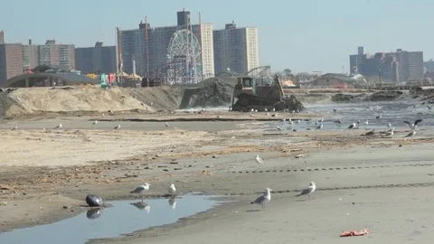 Scenes of ongoing work at Coney Island Beach - 2013 Stock Footage 101908409
