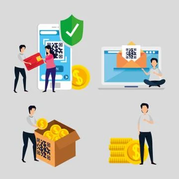 Scenes of people with code qr and icons Stock Illustration