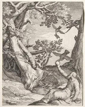 Scenes of the Prophet Elijah: Elijah in the Wilderness Fed by Ravens, 1604... Stock Illustration