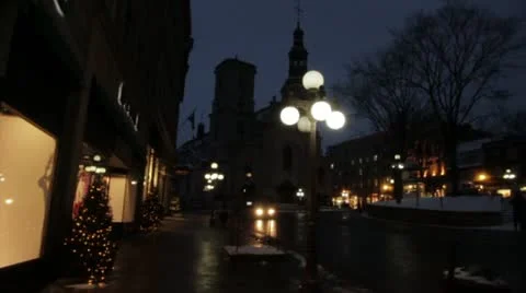 Scenes from Quebec City - walking in square at night slow motion Stock Footage 21887149