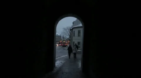 Scenes from Quebec City - walking through gate into Old Quebec slow motion Stock Footage 21898621
