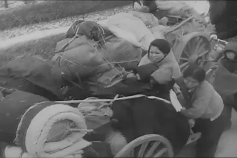 Scenes of refugee with supplies at 38th parallel - 1950 Stock Footage 103590815