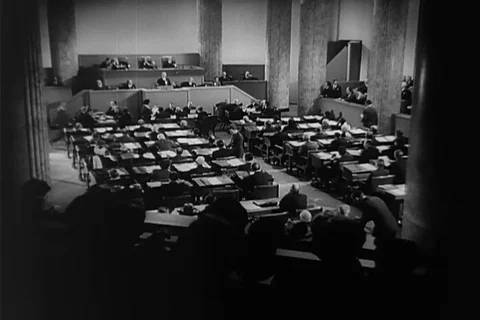 Scenes of representatives gathered at general assembly for nation peace - 1945 Stock-Footage 106381744