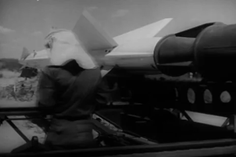 Scenes of scientist launch from Nike Hercules missile from launch pad - 1950 Stock Footage 101911977