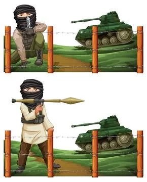 Scenes with terrorist holding weapon Stock Illustration