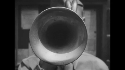 Scenes of unit bugler blow chow call and soldiers served in mess hall - 1940 Stock Footage 100285349
