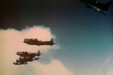 Scenes of U.S. dive bomber aircrafts and Japanese carriers in fight - 1971 Stock Footage 102190261