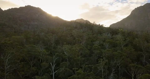Scenic Aerial Drone Footage of National Park in Australia - Mountains & Sun Stock Footage