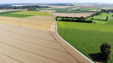 Scenic aerial drone view of wind trubines and green and yellow fields in France Stock Footage 290776710