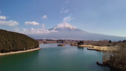 Scenic Aerial Pull Back View of Mount Fuji and Lake Stock Footage 336436136
