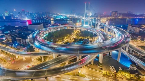Scenic aerial view on famous bridge in Shanghai, China at night. 4K timelapse. Stock Footage