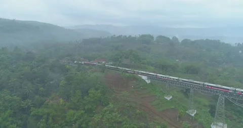 Scenic Aerial View of the Passenger Trains That Cross The Cikubang Bridge Stock Footage 131095053
