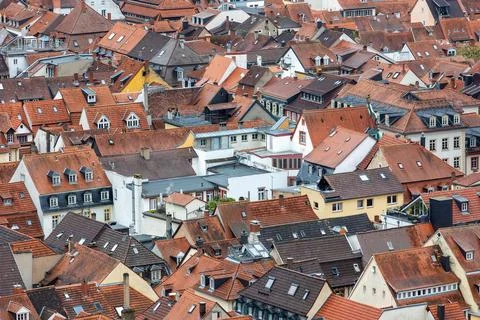 Scenic aerial view patchwork of Heidelberg red rooftops tiled roofs historica Stock-Fotos