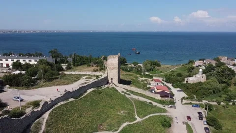 Scenic aerial view of the Tower of ancient ruined Genoese fortress Kaffa Stock Footage 163674325
