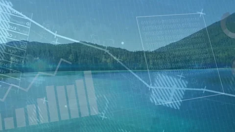 Scenic alpine lake displaying rotating pie charts and rising bars as data Stock Footage 332614139