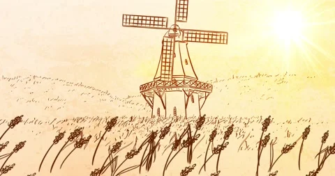 Scenic animation with Wind Mill and rural Field - Zoom Out Stock Footage 150189339
