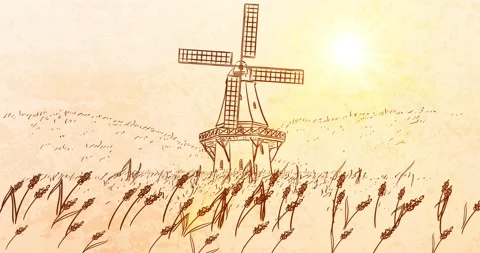 Scenic animation with Wind Mill and rural Field - Zoom In 2 Stock Footage 150189431