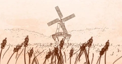 Scenic animation with Wind Mill and rural Field - Zoom In 1 Stock Footage 150189522
