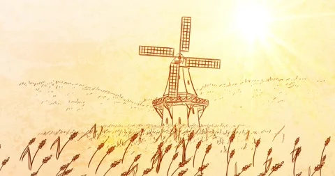 Scenic animation with Wind Mill and rural Field - Pan Down Stock Footage 150189664