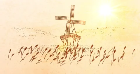 Scenic animation with Wind Mill and rural Field - Pan Up Stock Footage 150189731