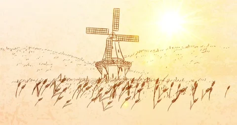 Scenic animation with Wind Mill and rural Field 2 Stock Footage 150189797