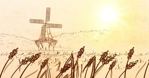 Scenic animation with Wind Mill and rural Field 1 Stock Footage 150189850