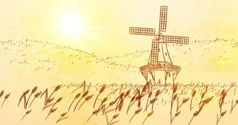 Scenic animation with Wind Mill and rural Field - Pan Right 2 Stock Footage 150189957