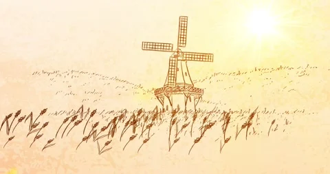 Scenic animation with Wind Mill and rural Field - Pan Left 2 Stock Footage 150190143