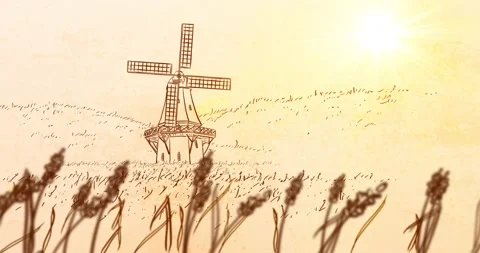 Scenic animation with Wind Mill and rural Field - Pan Left 1 Stock Footage 150190216