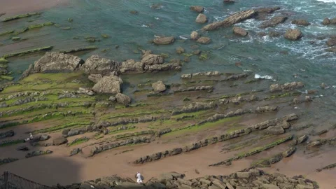 Scenic basque coast flysch cliffs and beach Stock Footage 336506195