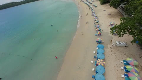 Scenic beach view with umbrellas, palm trees, and clear blue water Video stock 342333420