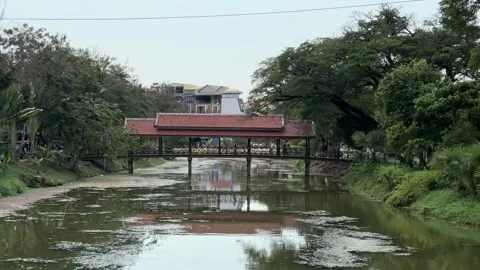 Scenic Bridge Over River in Cambodia Stock Footage 342472371