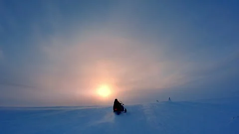 Scenic close up action camera video - snow mobile drive fast to the large l.. Stock Footage 253907994